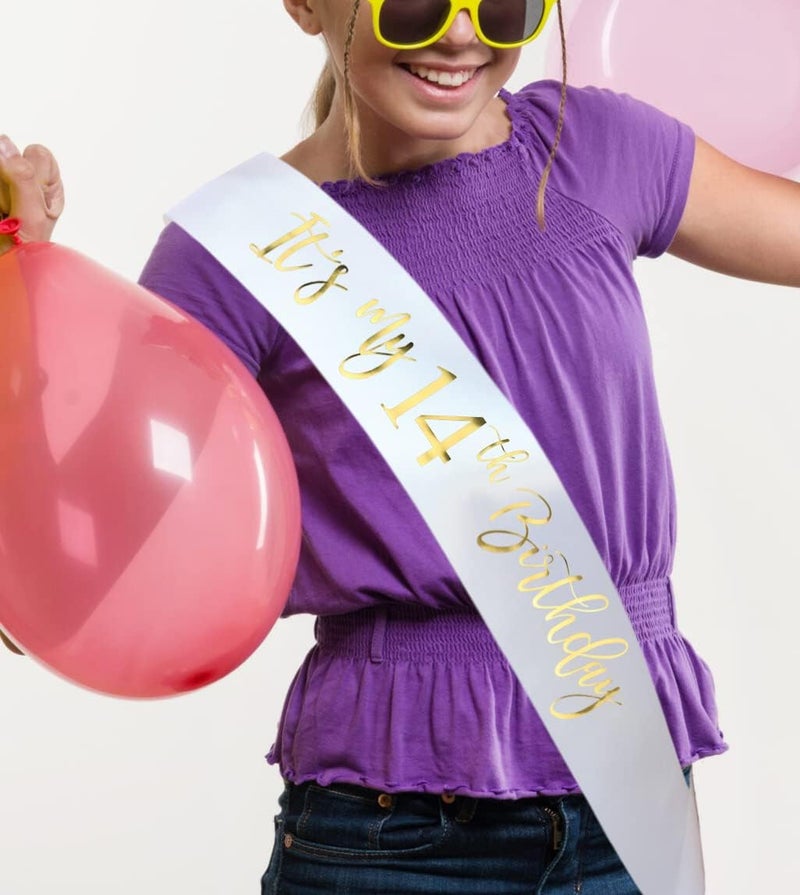 Docooniver It's my 14th Birthday Sash for Girls and Boys,Happy 14th Birthday Sash for Kids,White with Gold Foil Lettering. - Image 1